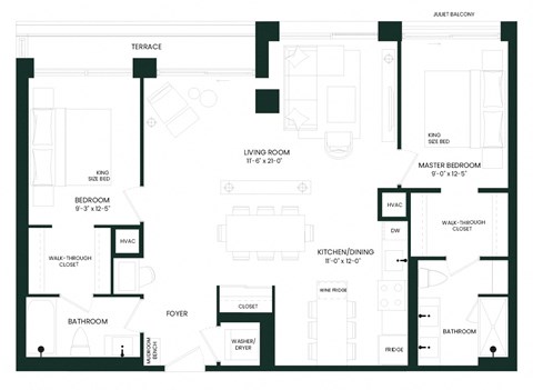Floor plan for 2 beds, 2 baths, 1061 sqft